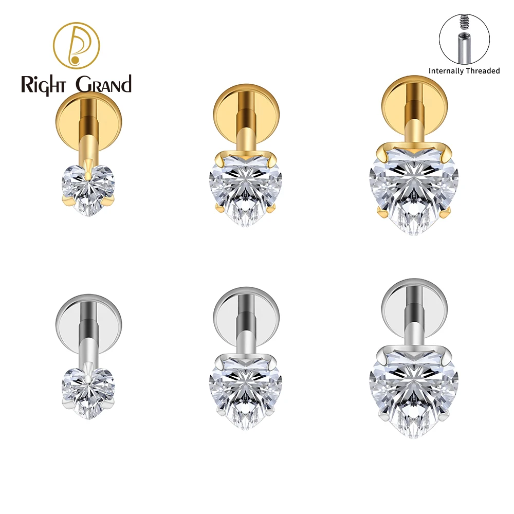 Right Grand ASTM F136 Titanium 16G Heart CZ Threaded Labret 3mm/4mm/5mm CZ Cartilage Tragus Helix Nose Stud Piercing Jewelry