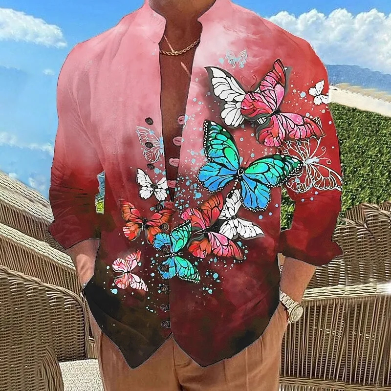 

New gradient red butterfly 3D printed color pattern men's long sleeved shirt casual shirt clothing top