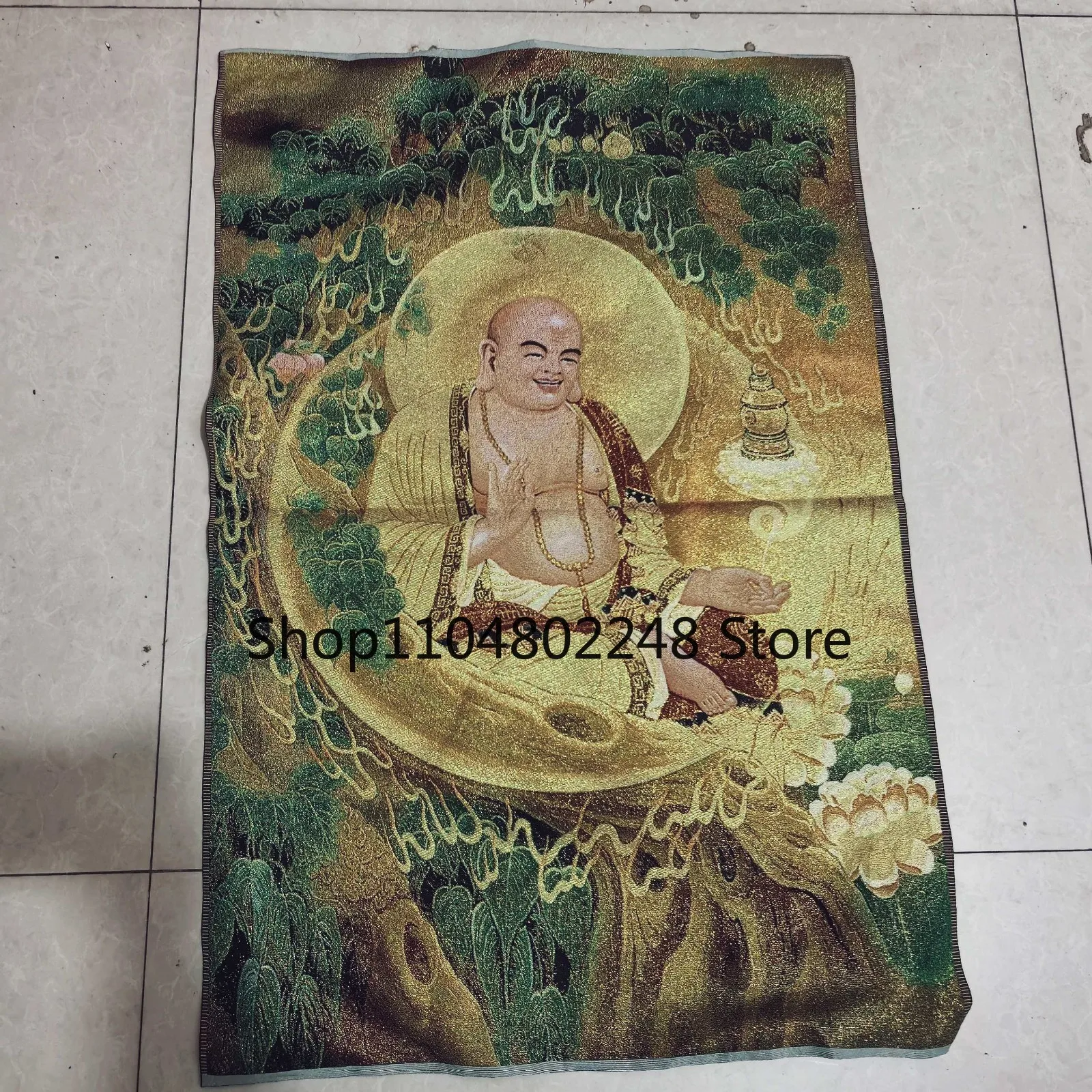 China Old Brocade Embroidery Tangka,Maitreya Buddha statue