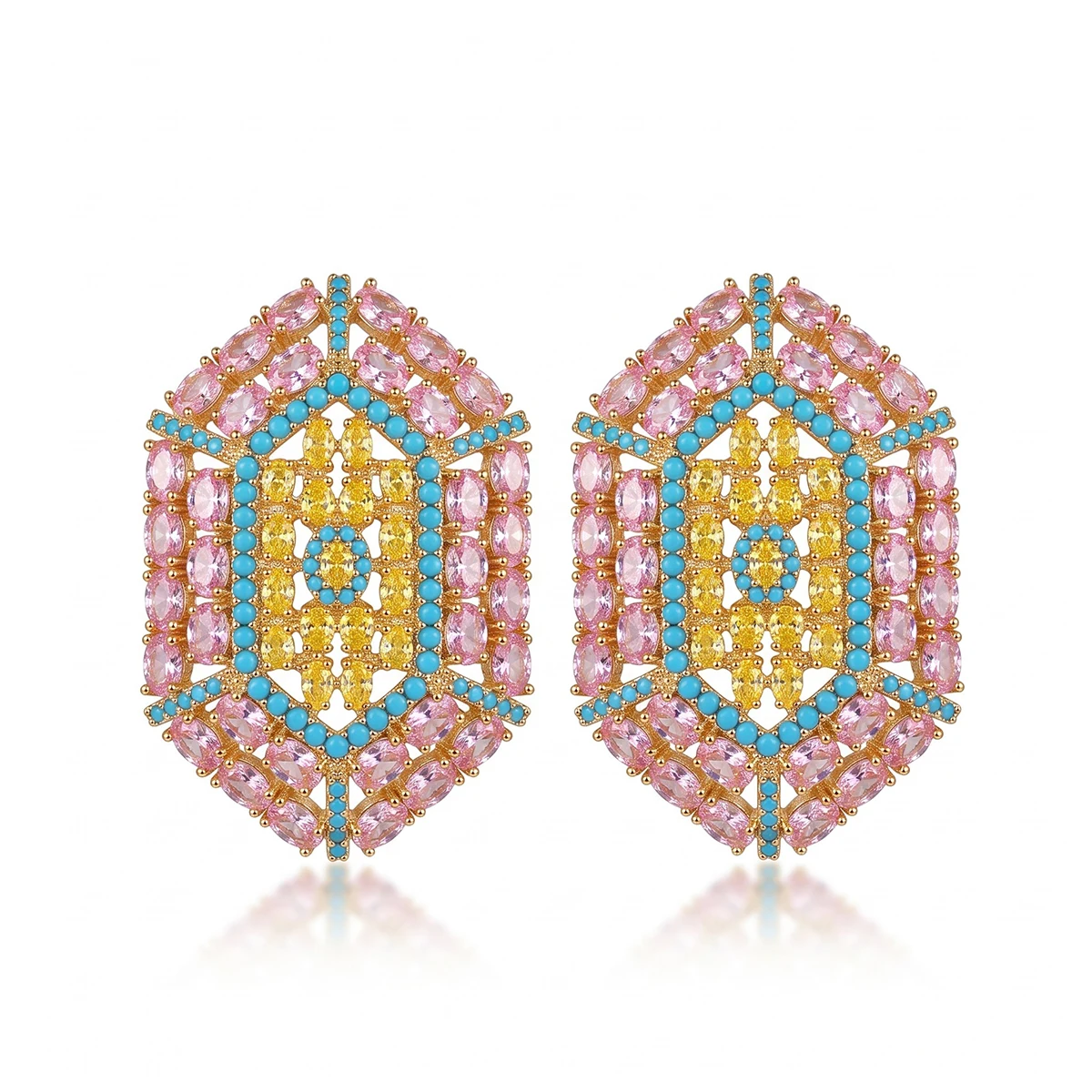 SENYU Elegant Art Deco Oval Marquise CZ Shield Earrings Unique Pink Yellow Turquoise Stud Earrings Luxury Women Jewelry Gift