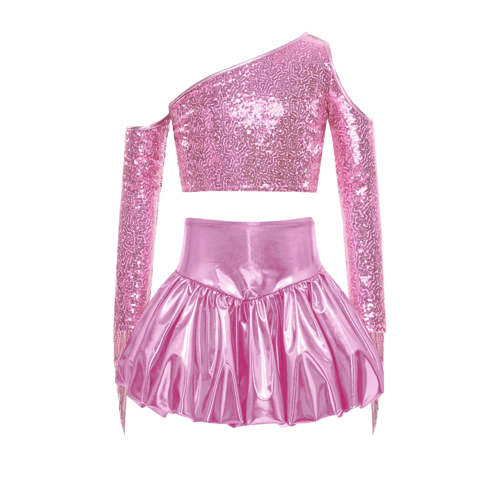 Kids Girls Stage Performance 70s Disco Jazz Dance Clothes Metallic Shiny Tassels Dancewear Children's Party Suits Streetwear