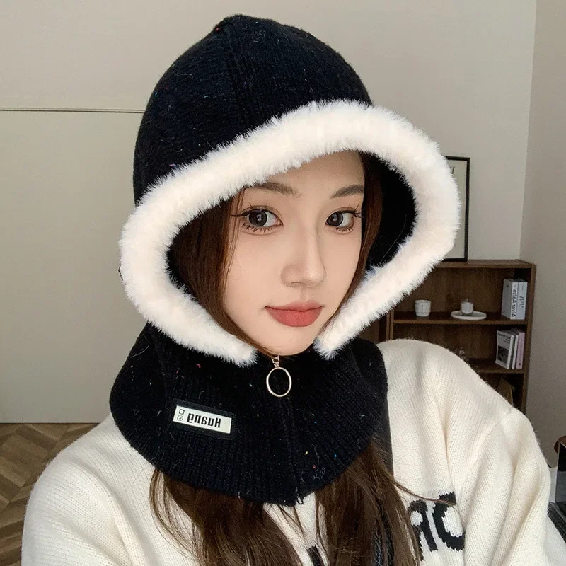 winter new contrasting color windproof warm hat scarf integrated women's neck ear protector wool knitted hat tide