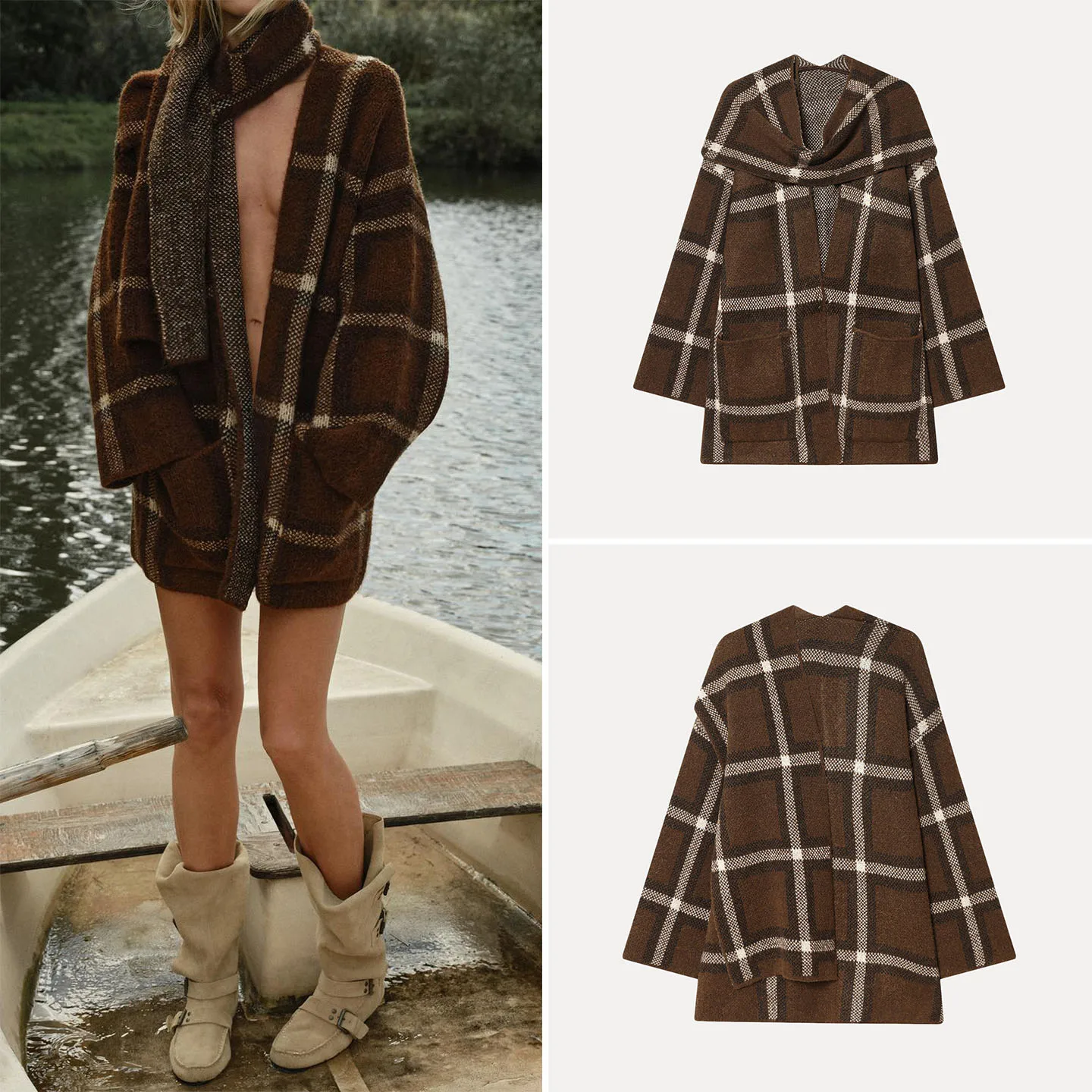 

2025 Winter New Sle Women's Knitted Scarf Plaid ort Coat Long Sve Ele Faion Lady's Outerwear Stand Fit Z