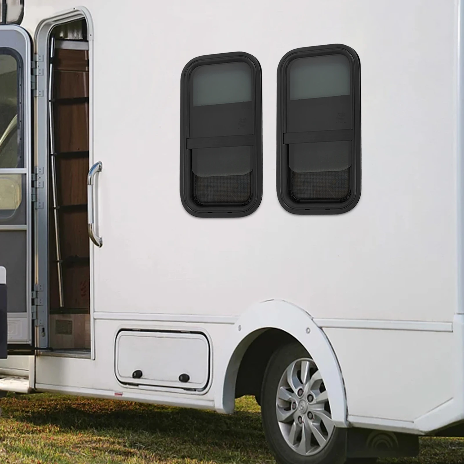 نافذة RV عمودية مقاس 12 × 24 بوصة مع شاشة حشرات وفتحة تصريف لتحسين الضوء الطبيعي والحماية من الطقس أثناء رحلات الطرق