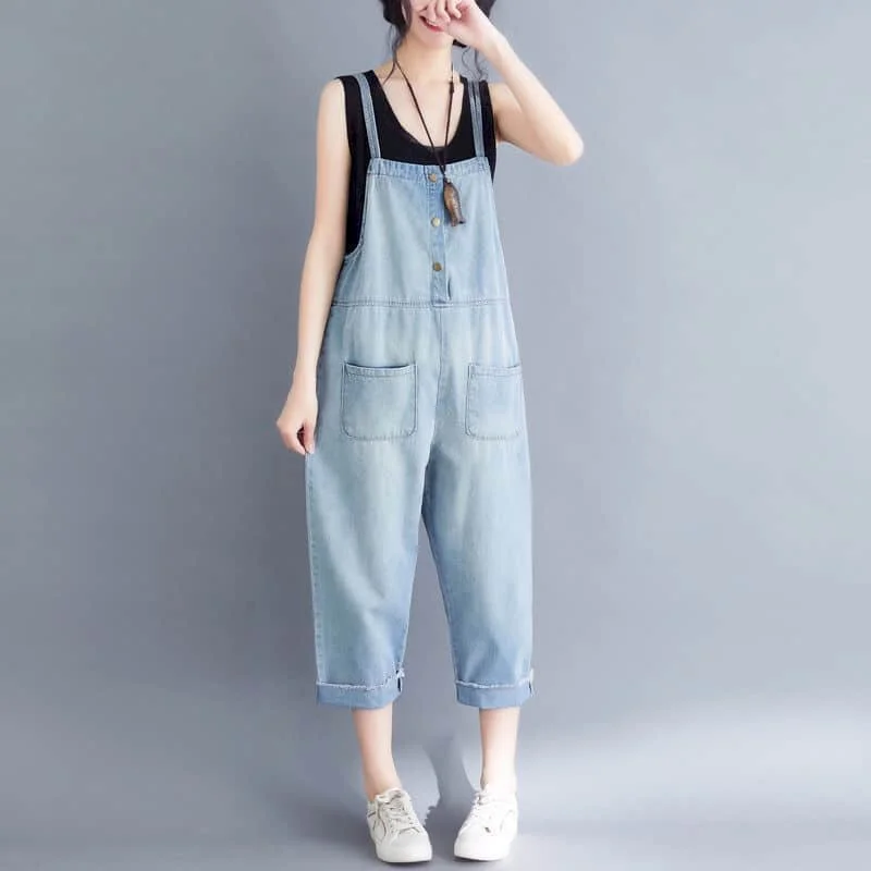 Denim Jumpsuits for Women Harajuku Sleeveless Straight Pants One Piece Outfits Women Capri Pants Loose Casual Vintage Playsuits