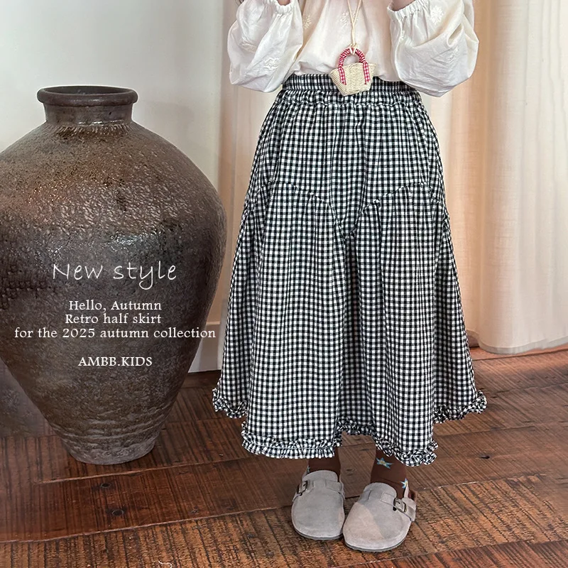 

Girls Skirt 2025 Autumn New Children's Clothing Korean Style Girls Baby Fashion Plaid Lace Skirt Casual Simple All Match