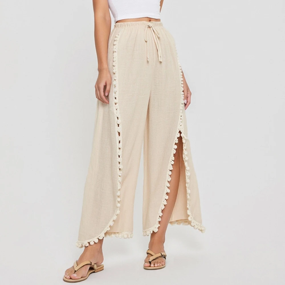 

Mia Muse Women's Pants Summer Korean Comfortable 2025 Plain Side Slit Natural Waist Full Length Wide Leg Vacation Pants