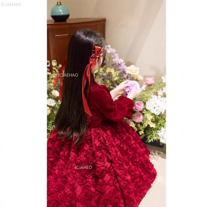 Red Long Sleeve Girls Princess Party Dress Birthday Wedding Pageant Formal Gown Christmas Holidays Flower Girl Piano Performance