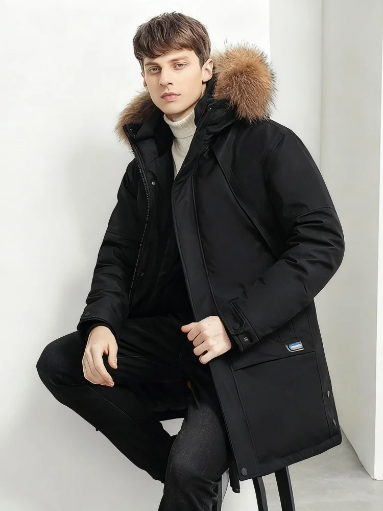 Men's Mid-Length Utility Parka - 90% White Duck Down with Faux Fur Trim, Heavyweight Thermal Insulation for Urban Winter (RDS Ce