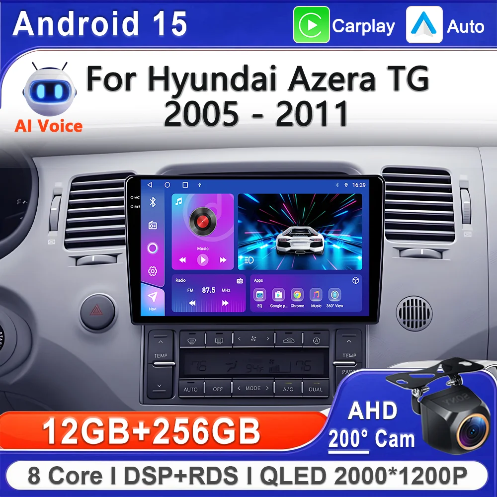 Carplay السيارات أندرويد 15 لشركة هيونداي أزيرا TG 2005-2011 راديو السيارة مشغل وسائط متعددة ستيريو رئيس وحدة دسم كام 8 كور واي فاي 4G