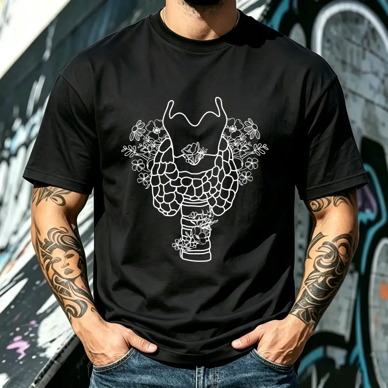 washed T Shirt Thyroid Floral Anatomy Hypothyroidism Graves Disease Cancer Hyperthyroidism Endocrinology long or short sleeves