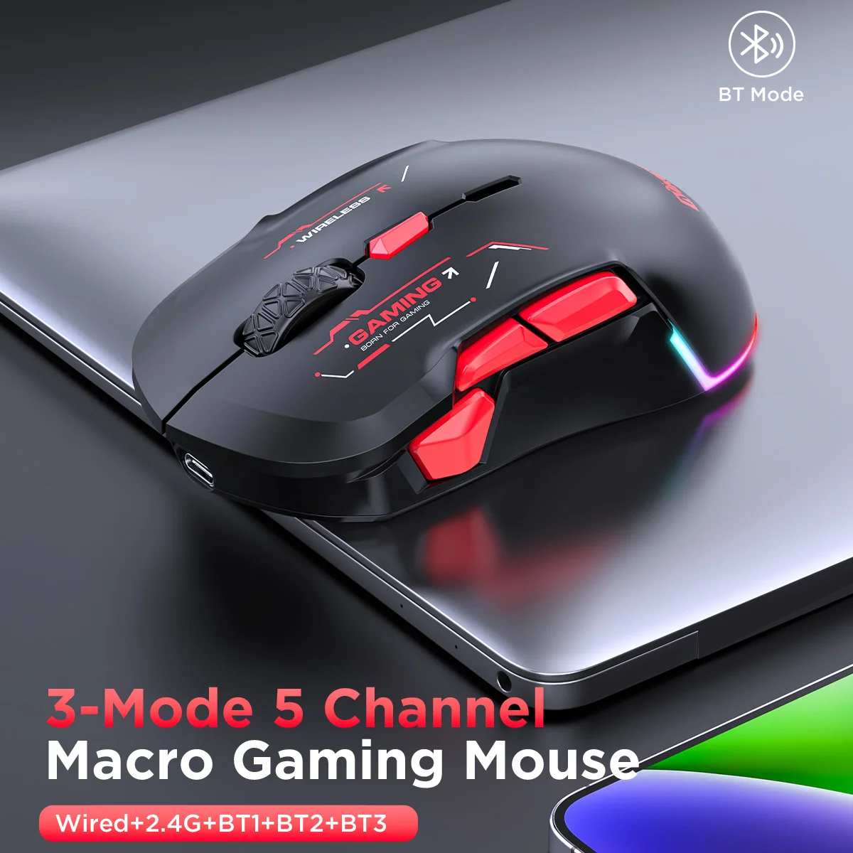 Tri-mode Gaming Mouse 10000 DPI Adjustable RGB Backlights Support Macro Programming Left Hand Major Game Office Use PC Laptop