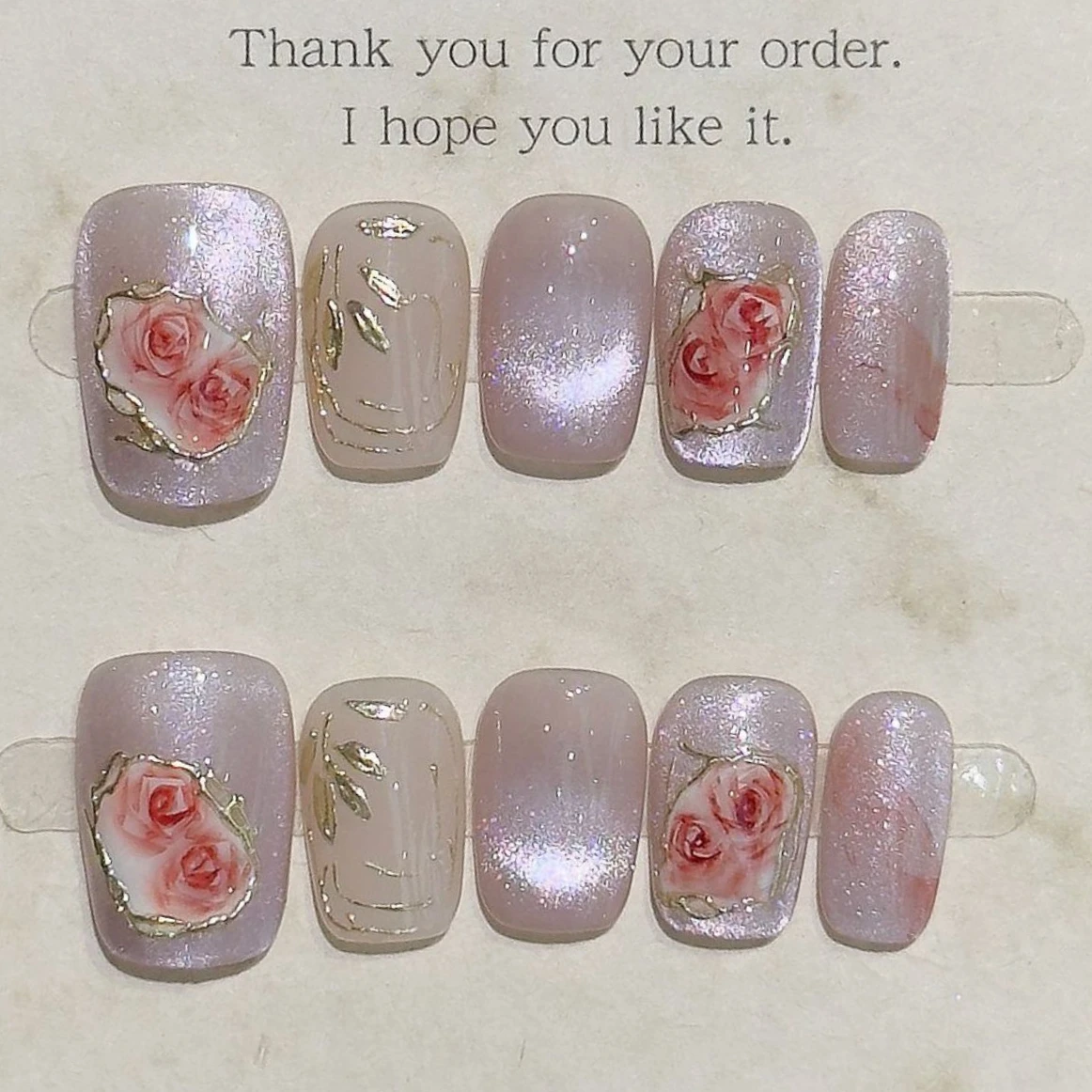 

10Pcs Short Ballet Sweet Wearable Nail Tips Pink Hand Drawn Rose Gold Stripes Leaves Art Nails Glitter Cat Eye Gradient Manicure