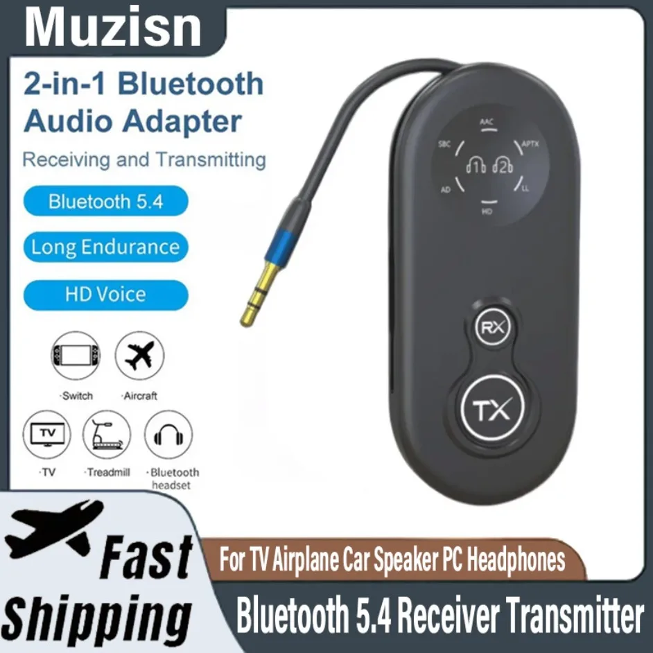 

Приемник Bluetooth 5,4, передатчик, разъем AUX 3,5 мм, беспроводной аудиоадаптер с низкой задержкой для ТВ, самолета, автомобильного динамика, наушников для ПК
