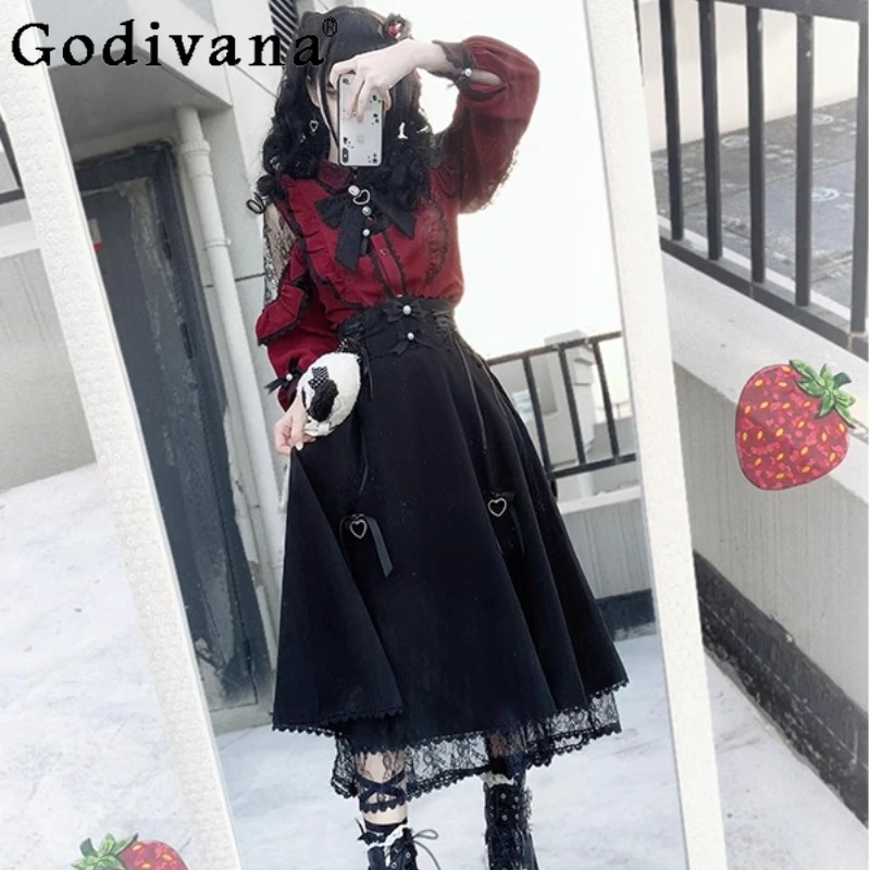 

Черно-красный японский стиль, наряды Лолиты, женская кружевная рубашка, топ, черная юбка Лолиты, костюм из двух предметов, женский комплект принцессы с бантом