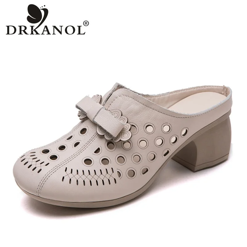 

DRKANOL 2025 Women Summer Slippers Slingback Slip On Thick Heel Outside Casual Slippers Genuine Leather Retro Sandals Slides