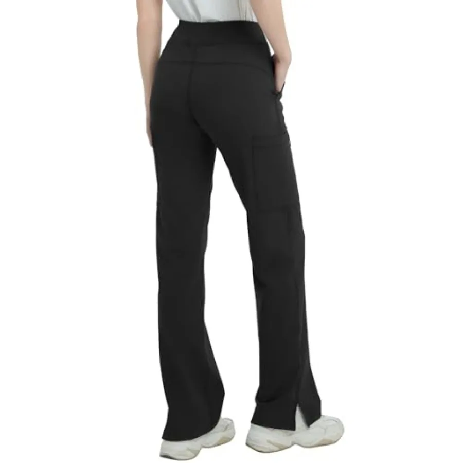 QBK High Rise Yoga Scrub Pants Women - Straight Wide Leg Uniform Pants with Cargo Pocket, Anti-Wrinkle and Knit Yoga Waistband