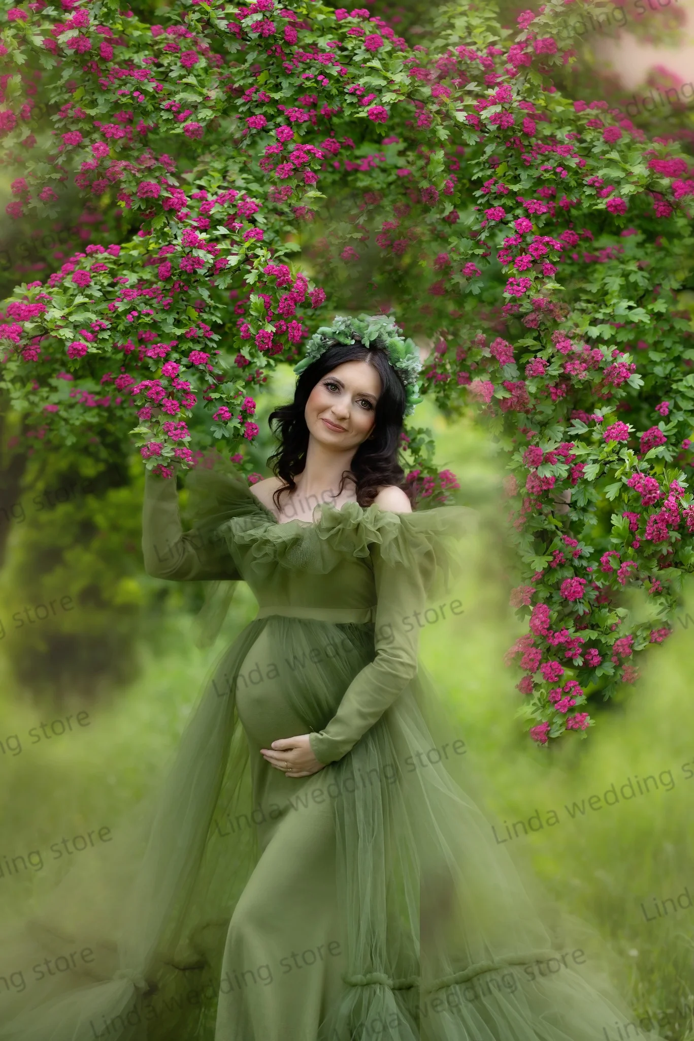 Green Maternity Dresses for Babyshower Off Shoulder Long Prom Photography Dressing Gowns Pregnancy Photo Shoot Gowns