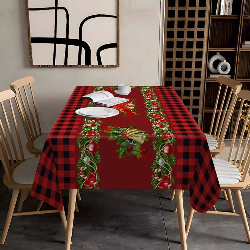 Christmas Themed Rectangle Tablecloth Winter Xmas Bell Buffalo Plaid Table Cloth Holiday Wedding Party Decor Navidad Decorations