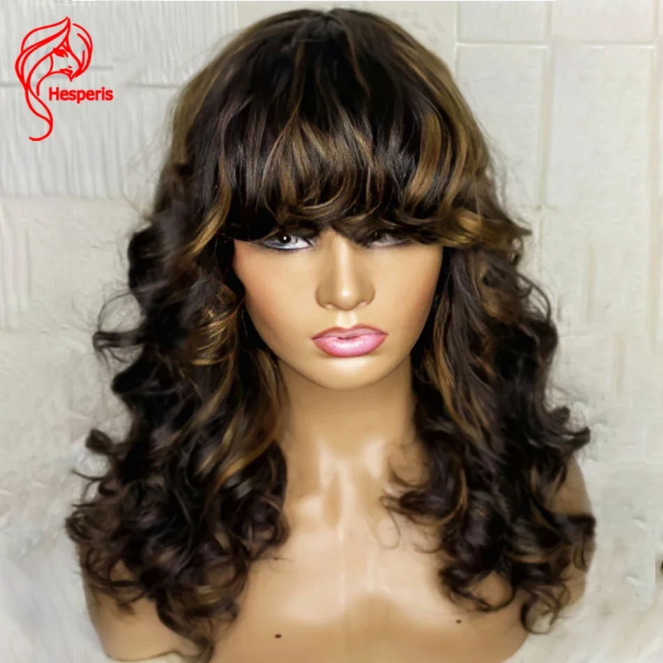 

Hesperis 200 Density Wavy Human Hair Wigs With Bang For Women Brown Highlight Brazilian Remy Scalp Top Full Machine Wigs