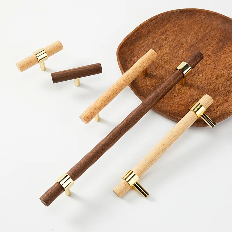 

Nordic Style Combinant of Brass and Black Walnut Wood Cupboard Door Pull Handle Color Adjustable Knob
