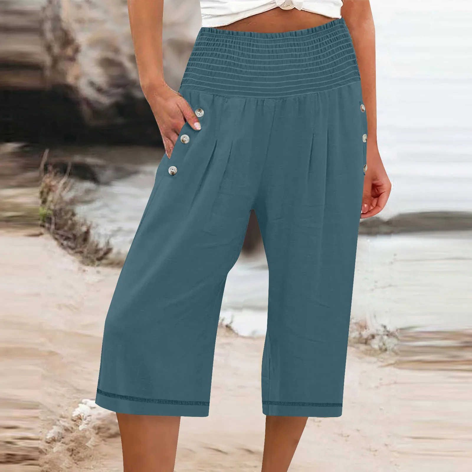 Women Summer Pants Solid Color Elastic Waist Wide Band Loose Breathable Mid-calf Length High Waist Women Cropped Pants 2024