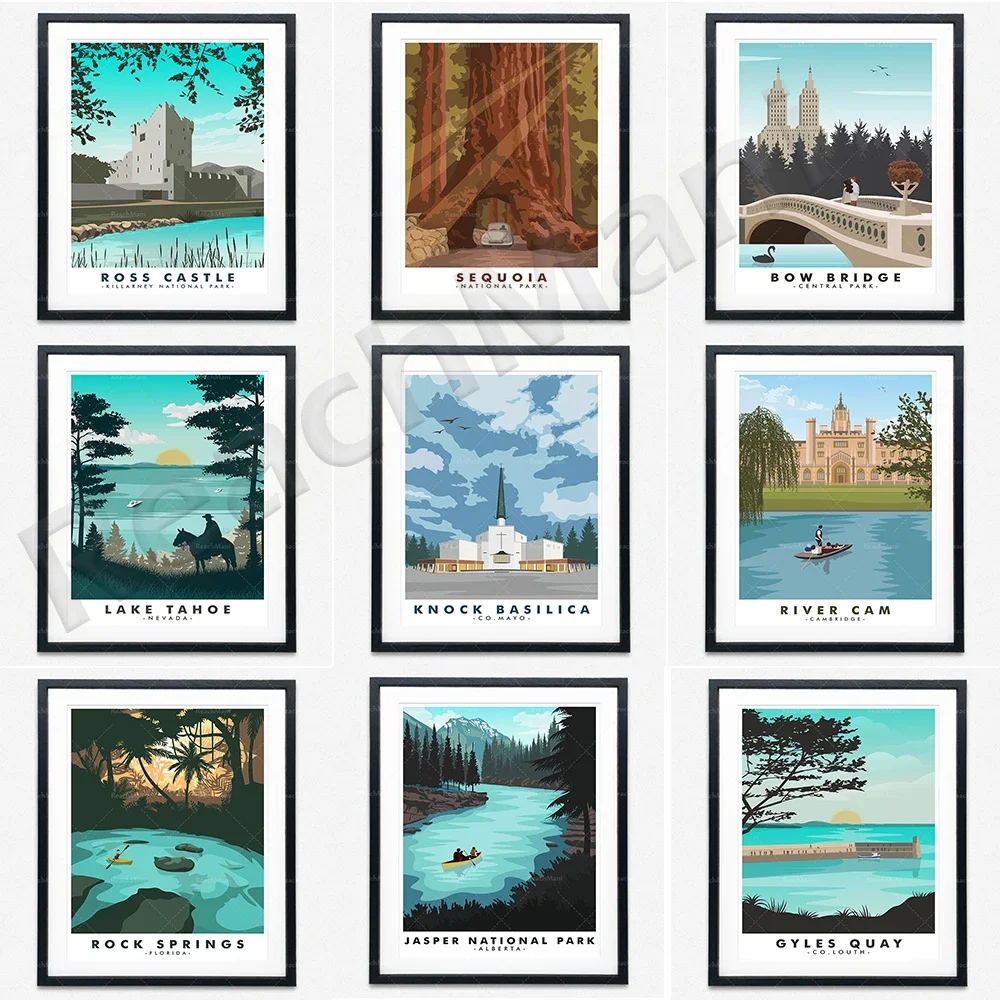 Travel posters for Cambridge University City, Havana, Cuba, Rocky Mountains, Lake Tahoe, Florida Rock Springs, Central National