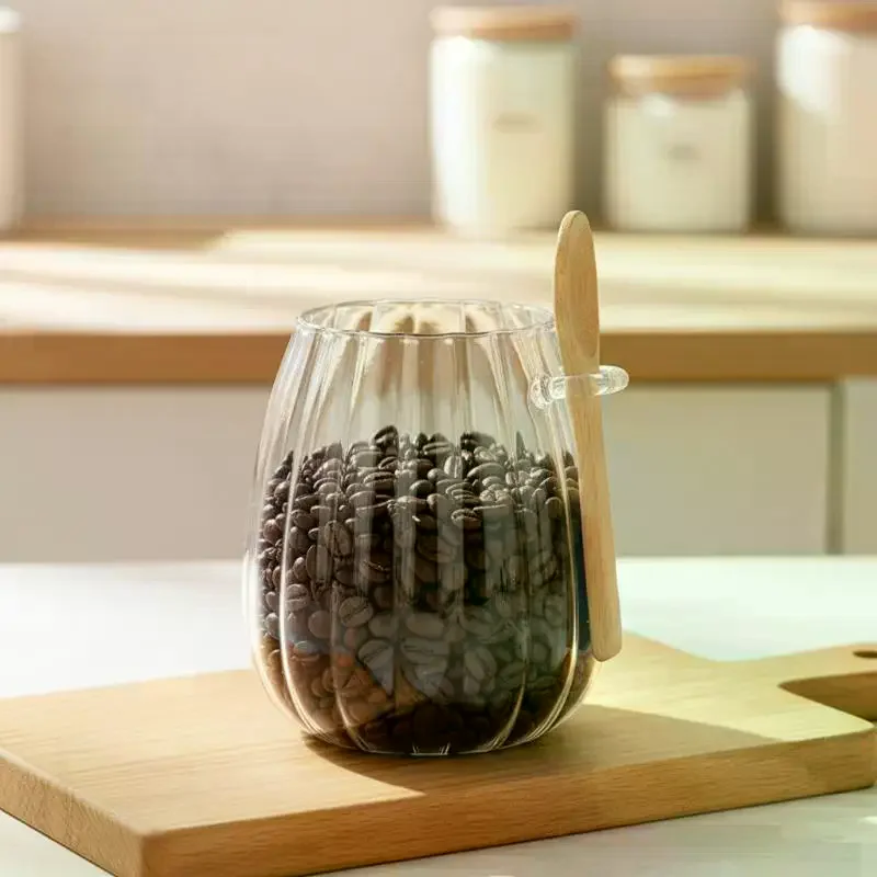 Clear Glass Food Containers with Wood Lid and Spoon Kitchen Storage Jar Sealed Cans for Loose Tea Candy Cereal Organizer