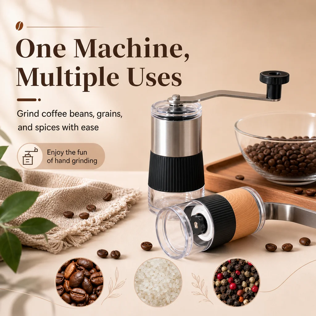 Portable Manual Coffee Grinder 304 Stainless Steel, Adjustable Burr Coffee Bean Grinder for Coffee, Rice & Spices