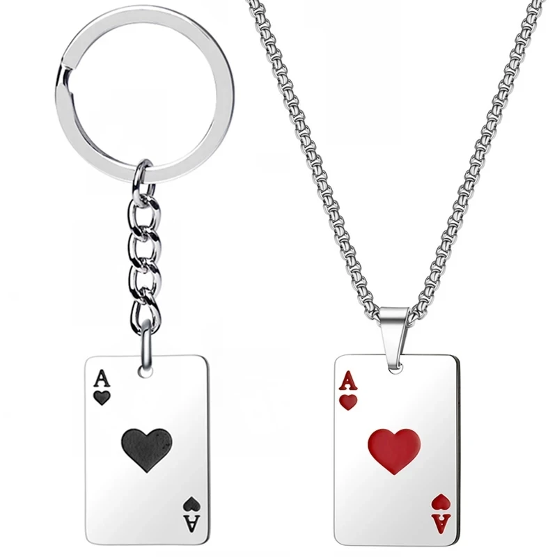 New Lucky Spades Heart Ace Keychain Women Men Stainless Steel Black Red A Square Poker Card Key Ring Key Charm Bag Accessories