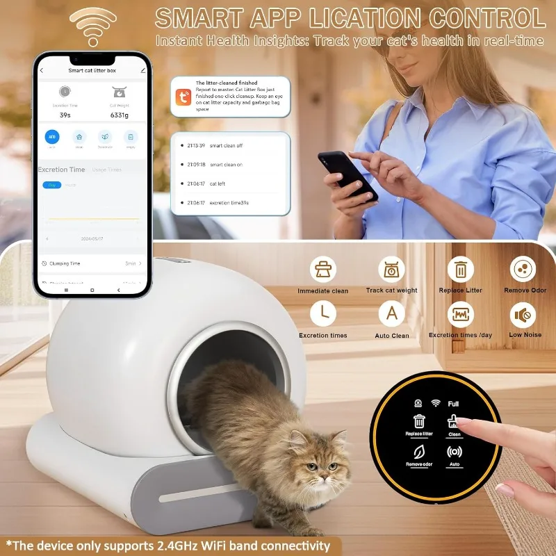 POPULAR Caja de arena autolimpiante, caja de arena automática para gatos autolimpiante para gatos múltiples, robot de 65L + 9L, bolsas de agarre de 3 rollos