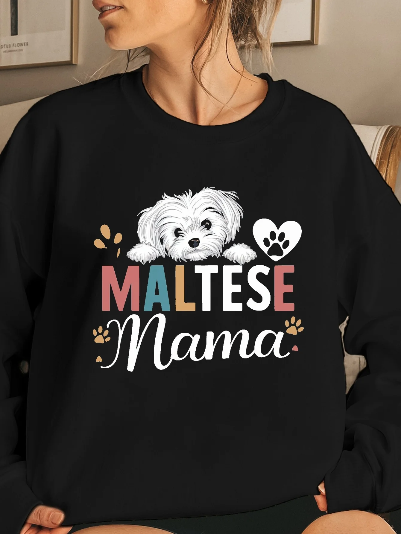 

Lady Maltese Dog Pattern Printed Round-neck Sweater - "MALTESE Mama" Text and Clawed Heart Shape
