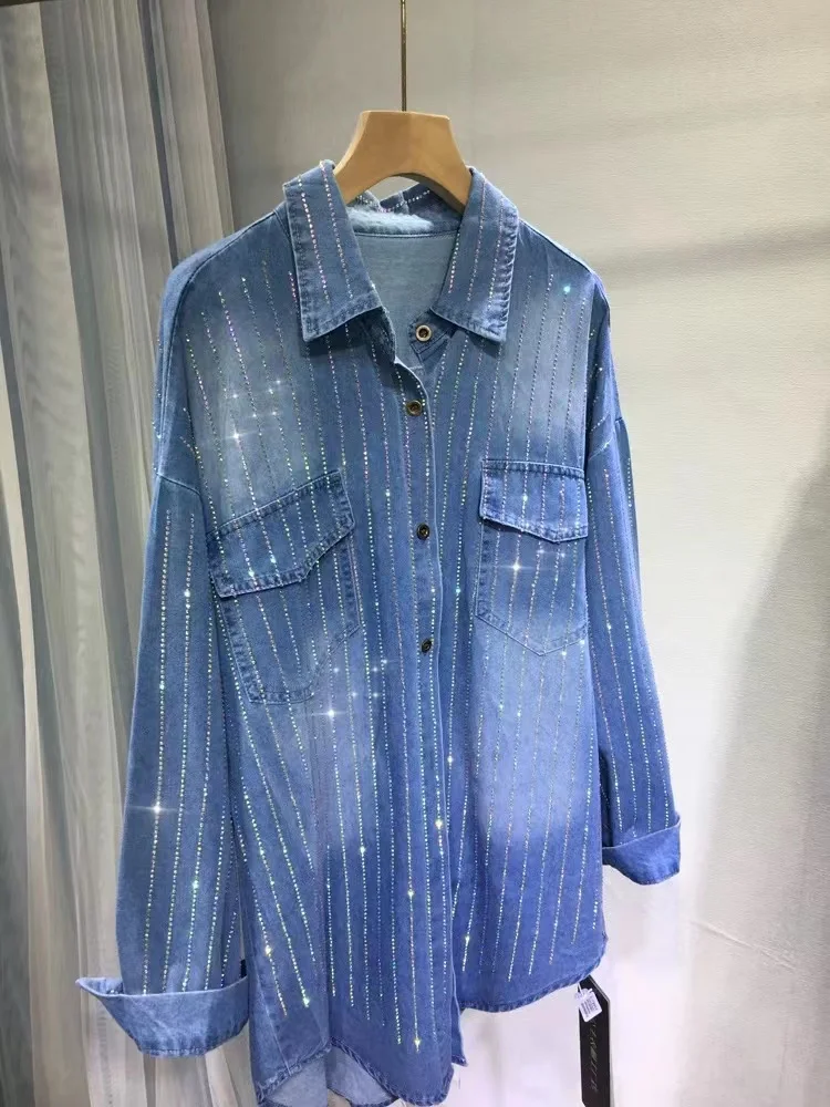 Luxury Style Rhinestone Middle Long Denim Shirts for Women Pocket Denim Top Long Sleeve Coat Turndown Collar Loose Blouse