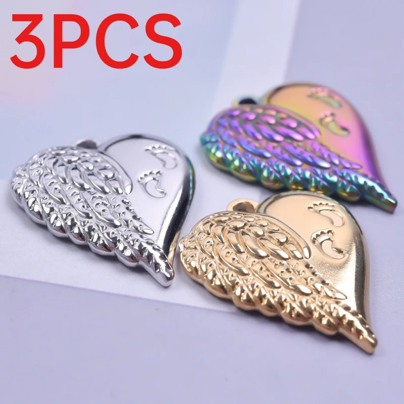 3Pcs Stainless Steel Angel Wing Heart Charms Vintage Baby Footprint Pendants For Hip Hop DIY Necklace