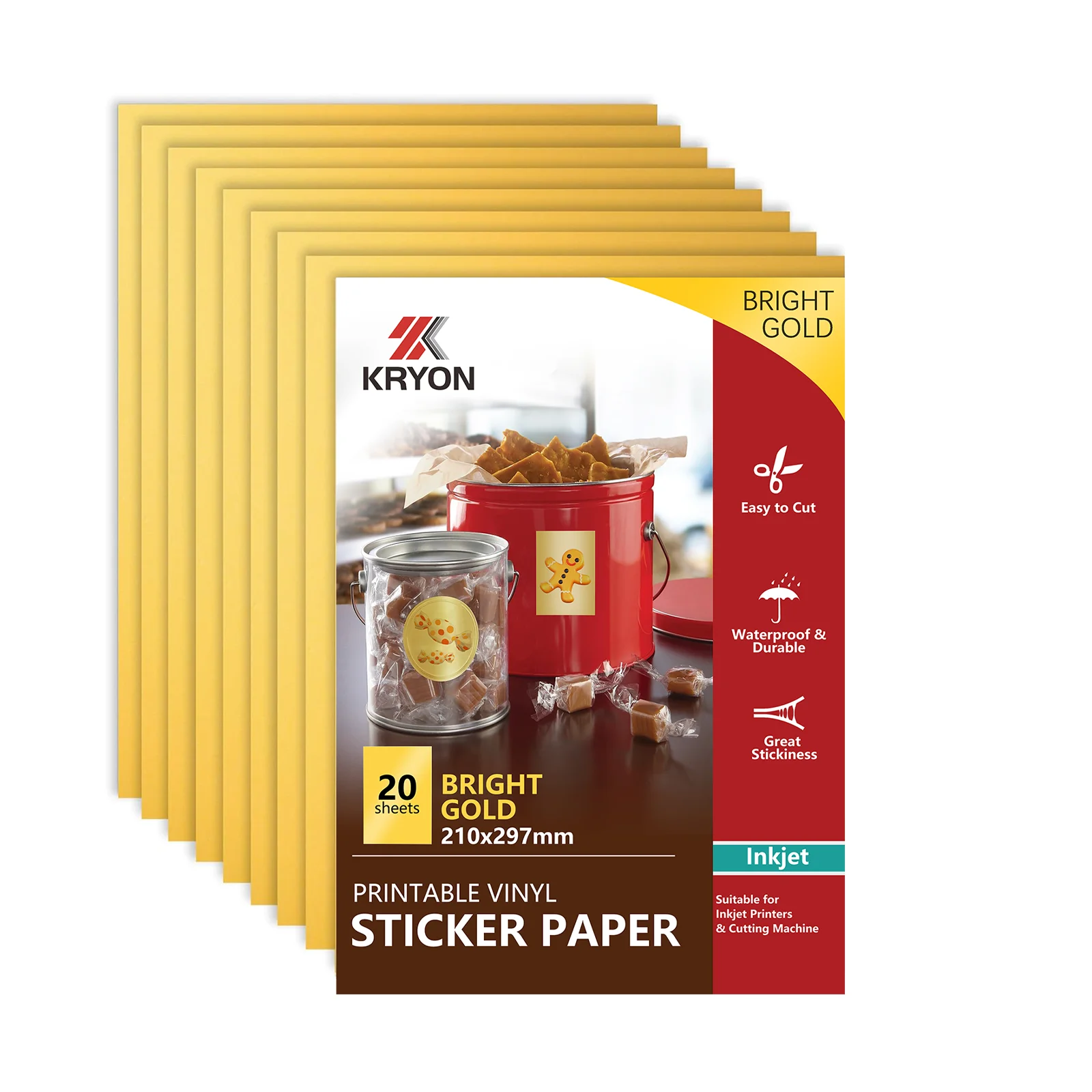 Bright Golden Label Stickers A4 Printable for Inkjet & Laser Printer, 20 Sheets Self-Adhesive Vinyl Sticker Paper for Marking &