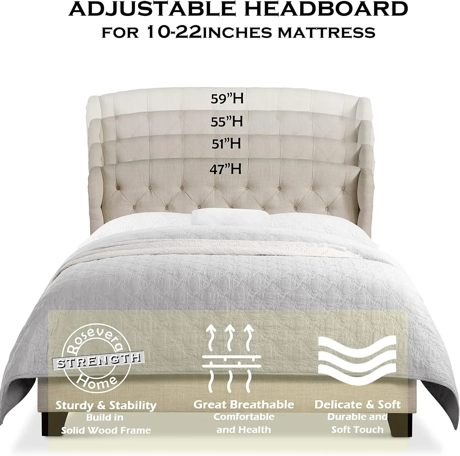 Rosevera Marcelle Bed Frame,Wingback Bed Frame With Signature Design Adjustable Headboard,Upholstered With Button Tufting Bed