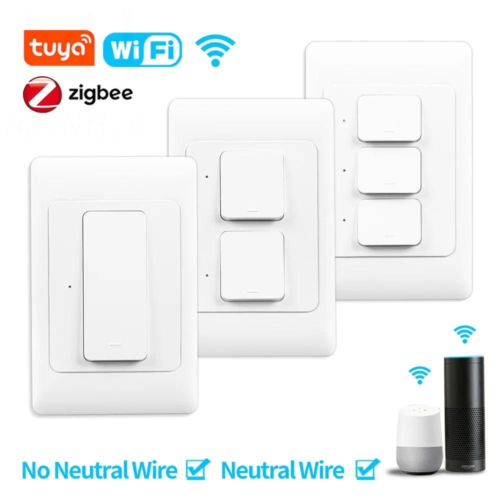 Tuya Zigbee Smart Light Wall Light Switch US/AU NO Neutral Wire Push Button Physical Remote Control Switches Alexa Google Home