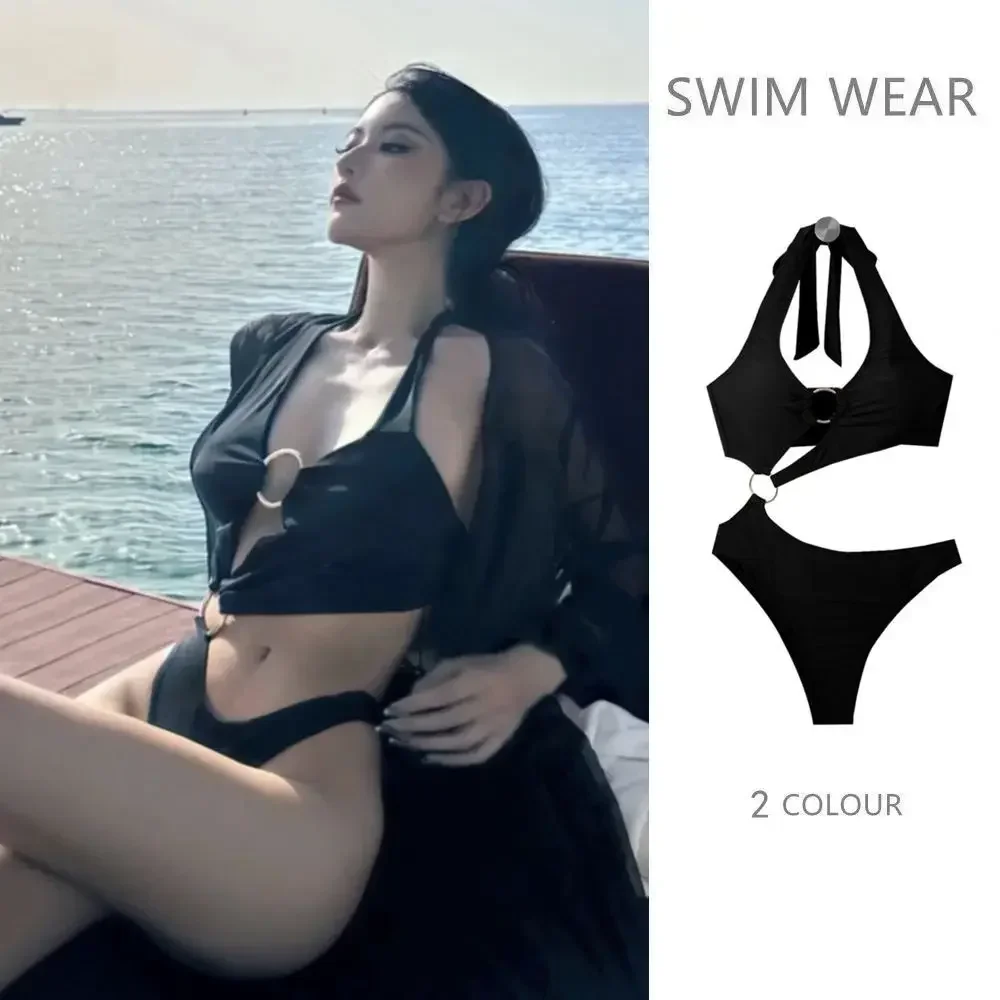 2025 Swimsuit Female Sexy Bikini Black Hanging Neck Hollow Out Slimming One-piece Swimsuit Beach Resort Hotel Hot Spring