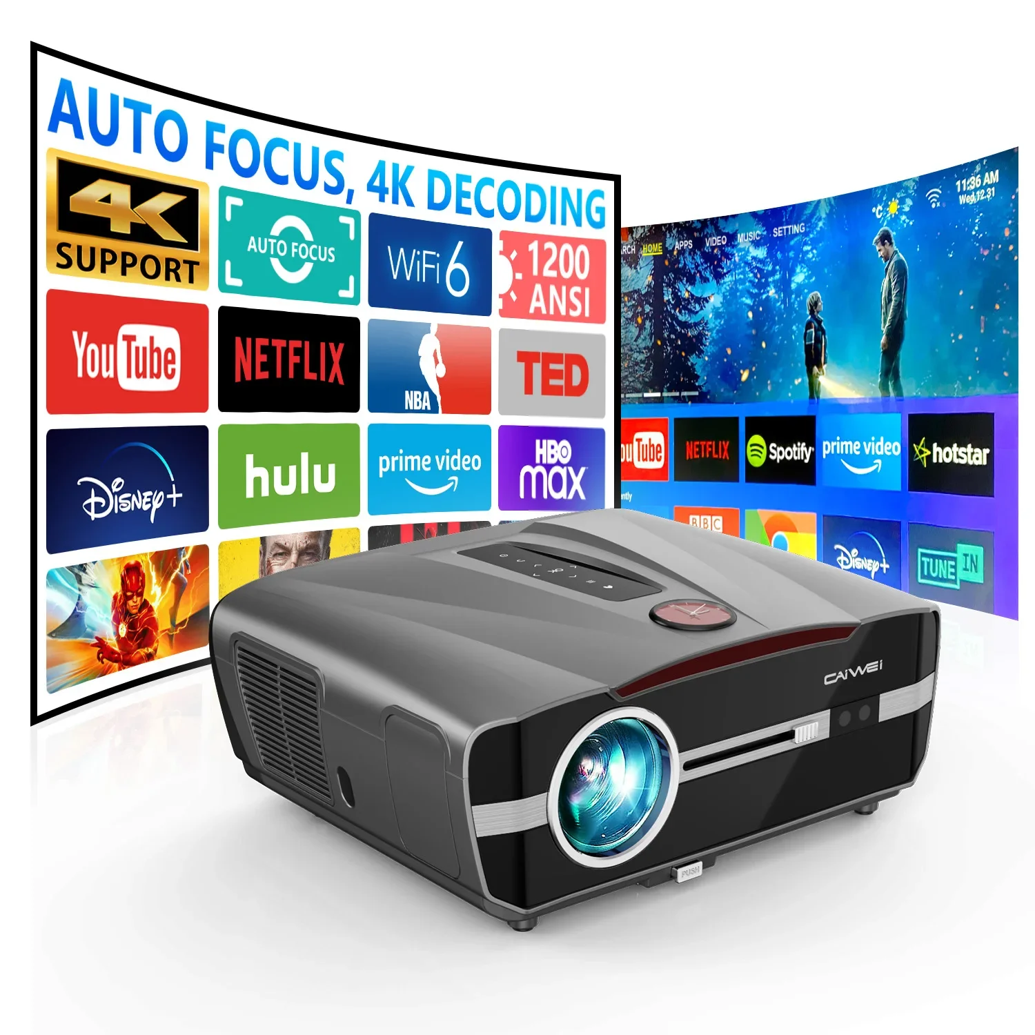جهاز عرض تلفزيون 4K للهواتف الذكية أندرويد 9.0 بلوتوث واي فاي لأجهزة عرض المسرح المنزلي جهاز عرض شعاع الفيديو للخارجية 1480ANSI