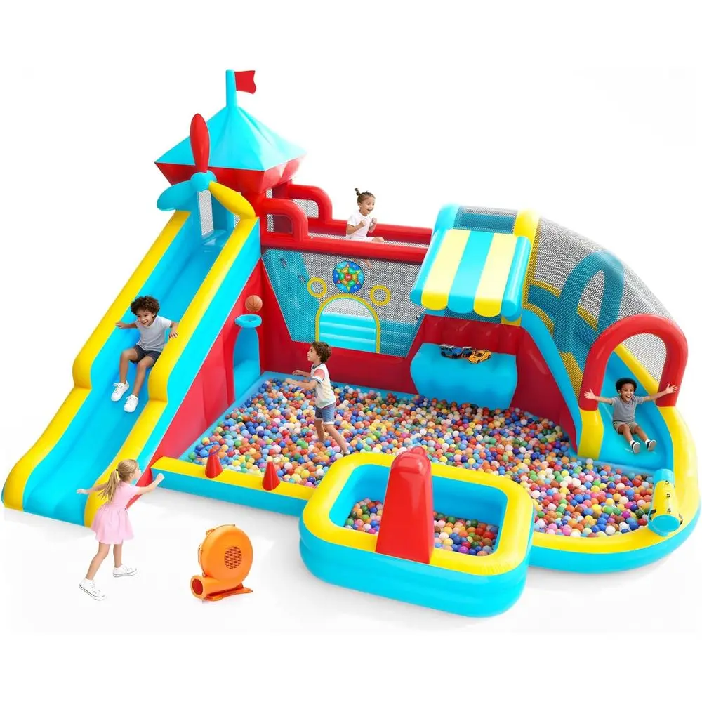 

Iatable Bounce House с двойной направляющей, большой Bounce Castle 10 в 1 с вентилятором мощностью 750 Вт, прыжки, бассейн с брызгами, стеной для скалолазания, игрушка S