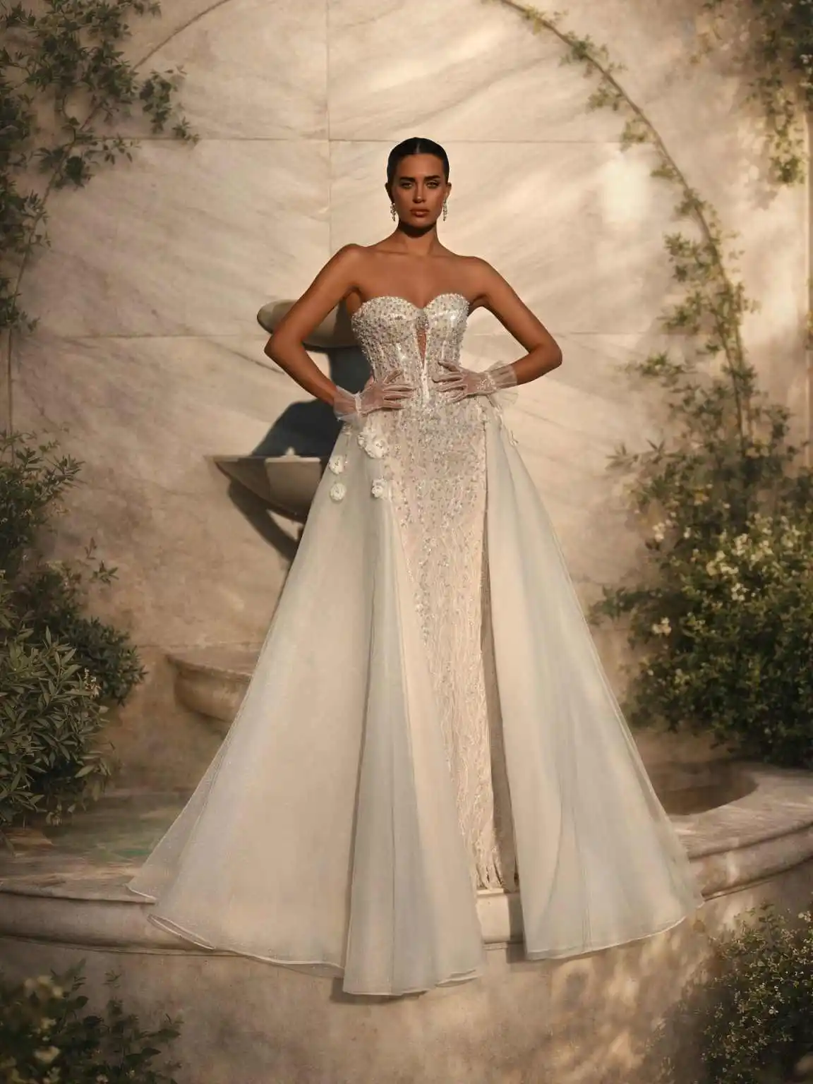

Stunning Sequin Beaded Strapless Wedding Dress Sweetheart Detachable Tulle Cape Mermaid Bridal Gown Vestido De Novia Customized