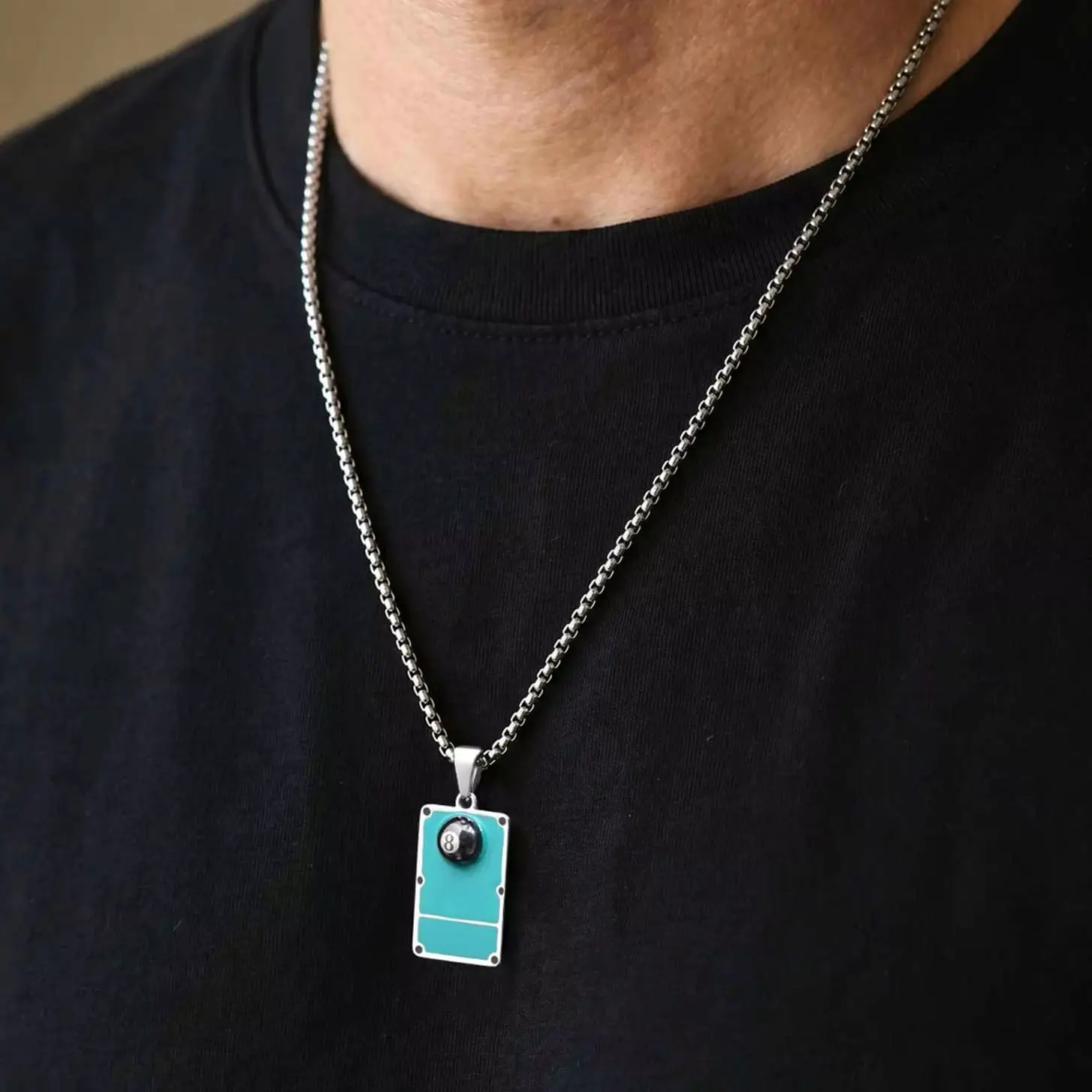 Unique Billiard Pool Table Pendant Necklace for Men, Non-fading Stainless Steel Collar Necklace with Chain, Hip Pop Punk Jewelry