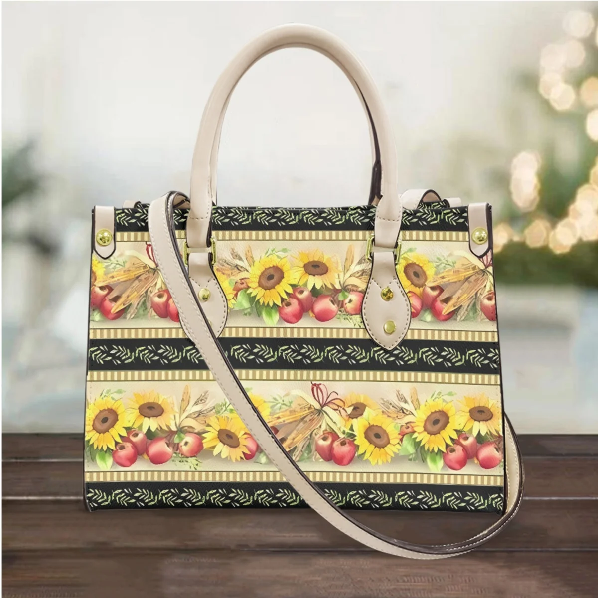 FORUDESIGNS Sunflower Apple Design Leather Handbag Women's Fashion Long Shoulder Strap Utility Messenger Bag Outdoor Street