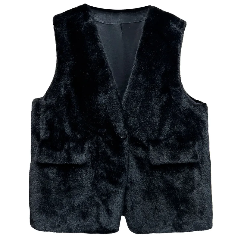 XXXXXXL موضة حجم كبير المرأة فو الفراء سترة جديدة أنيقة منتصف طول شتاء دافئ أكمام الخامس الرقبة صدرية 25016