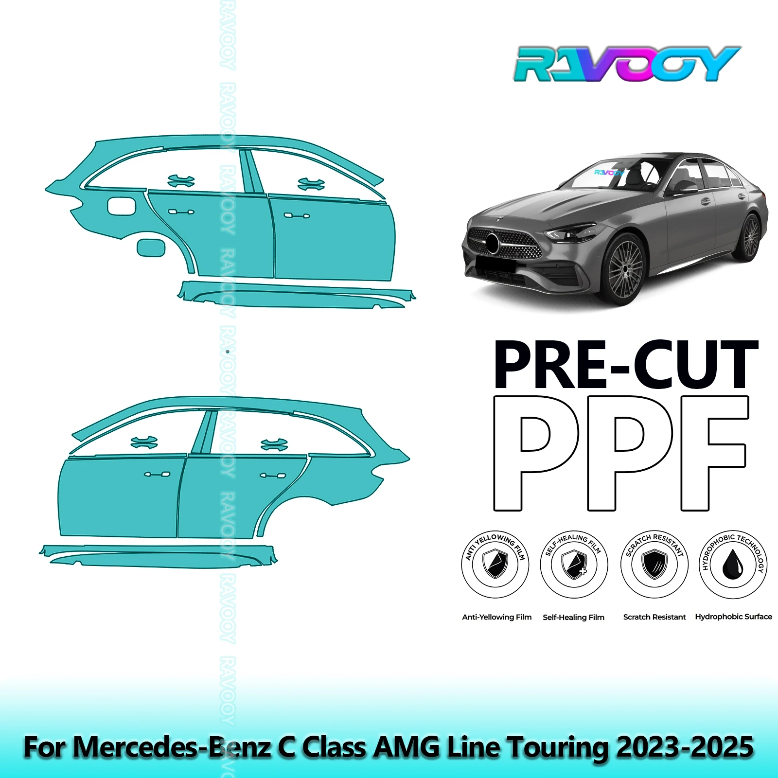 

For Mercedes-Benz C Class AMG Line Touring 2023-2025 8.5mil Pre-Cut PPF Door & A/B Pillar Kit TPU Paint Protection Film Set