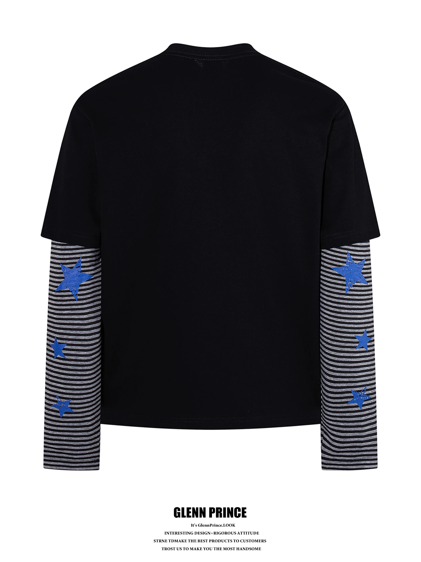 Street Style Long Sleeve T-Shirt Men's Blue Star Fake Two-Piece Tee Graphic Poster Collage Print Cotton Youth Fashion Trend