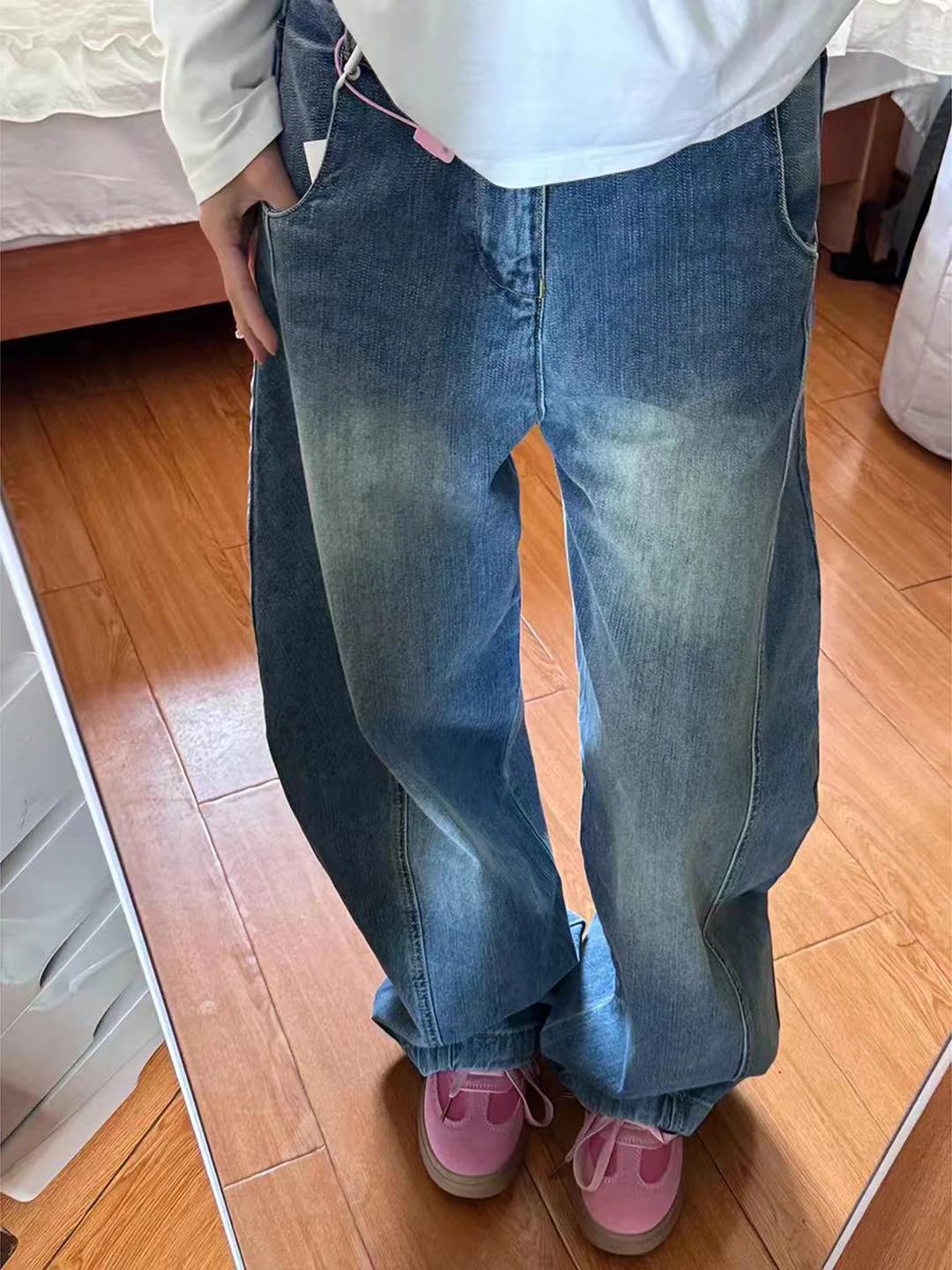 

Cleanfit Bamboo Node Pattern Wide Leg Jeans Men Spring Conceal Meat Slimming Blue Jeans Vibe Oblique Cut Pants Casual Wear