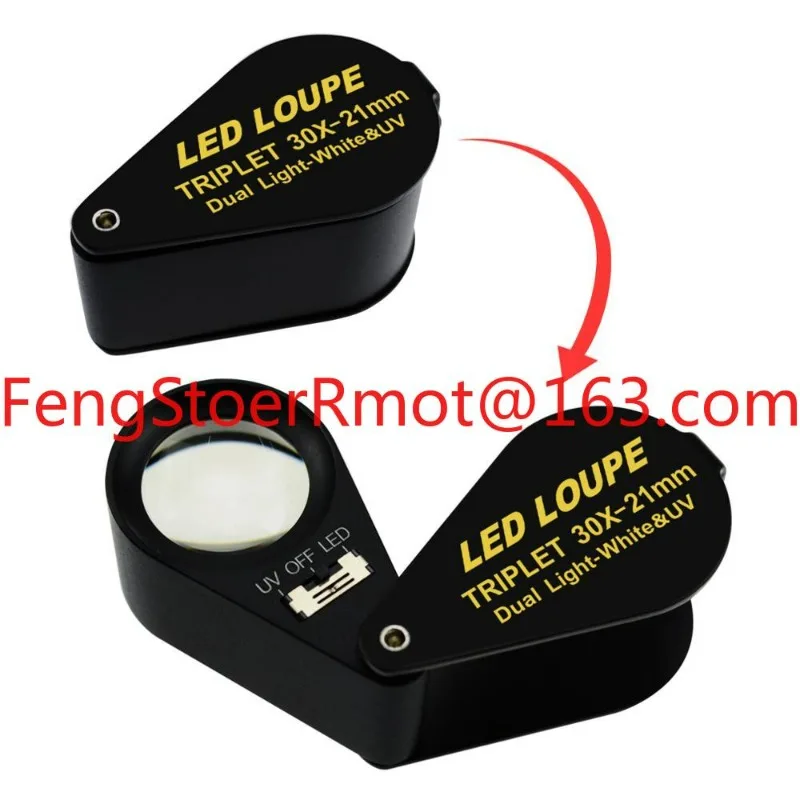 

High quality 30x magnification 21mm optical glass with UV and 6 LED lights, black frame design, metal body