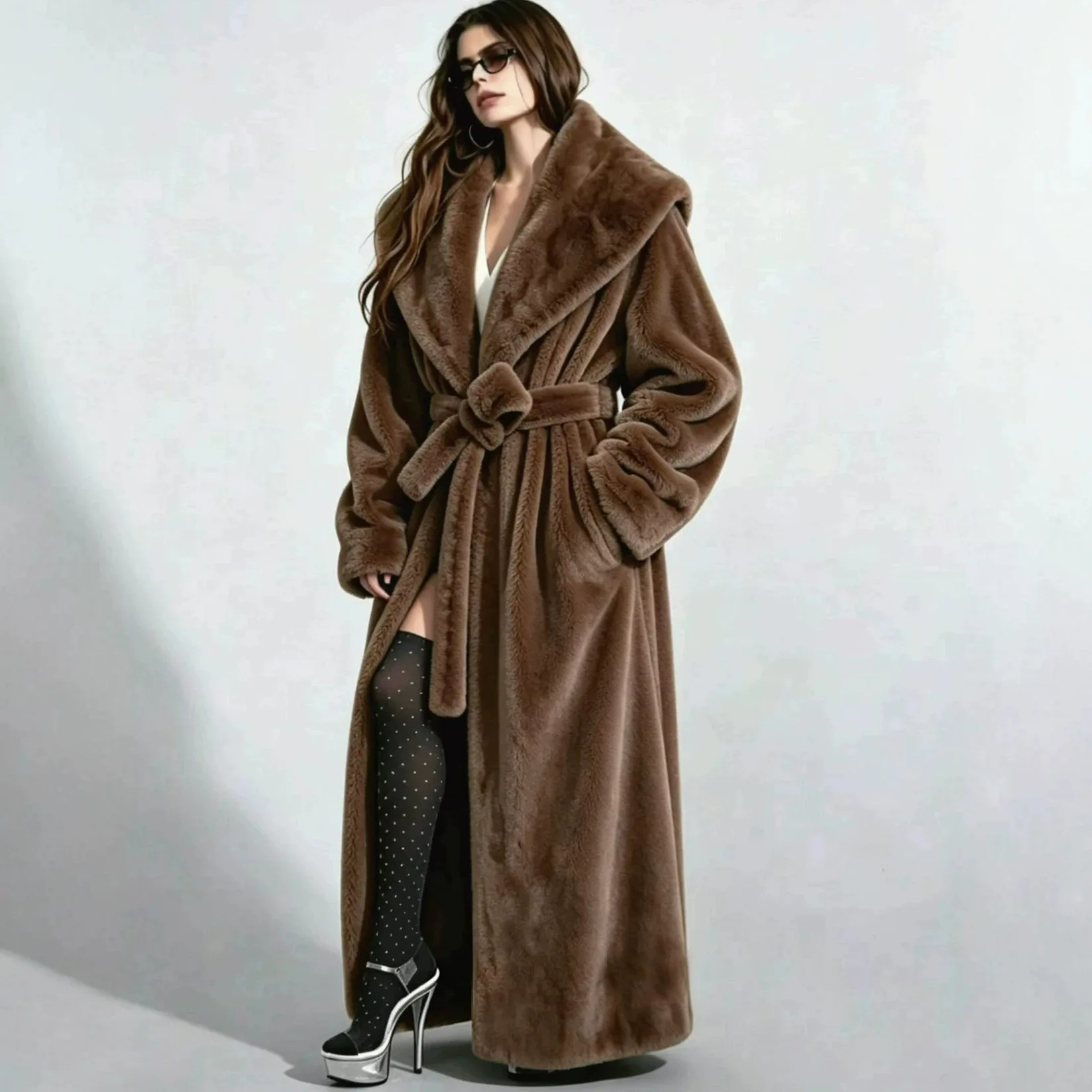 Long Coats Women Faux Fur Jackets Turn Down Collar Coat Thick Warm Y2k Streetwear Jacket Work Lace Up Tight Waist Autumn Winter