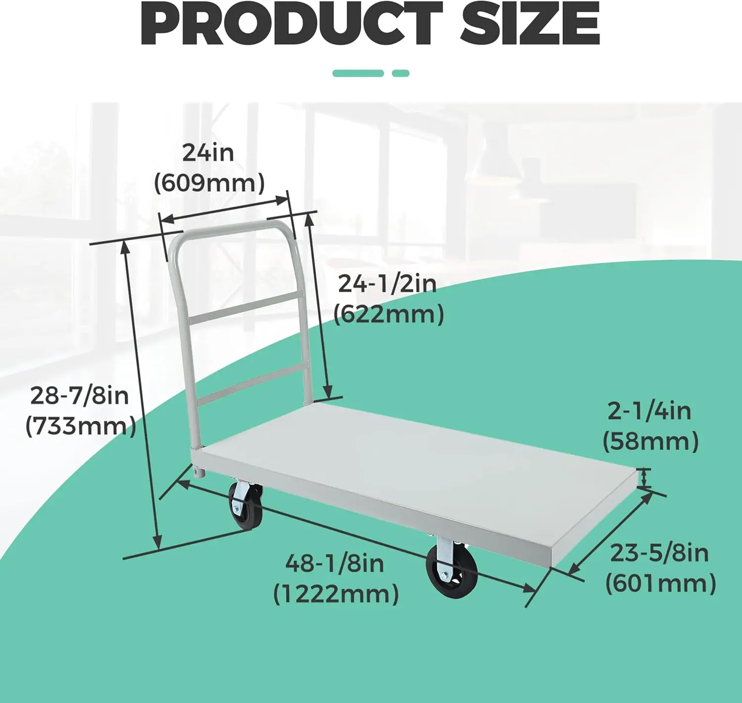 Truk Platform kereta dorong datar, kapasitas berat 2500LBS, truk tangan tugas berat Dolly dengan roda karet putar 360 derajat, 24x48